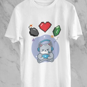 Gaming Cute Cat Tshirt, Great Gamer Gift Top, Cat with Game Treasures Tee, Cat Playing a Video Game Apparel, Gaming Graphic Cat Shirt