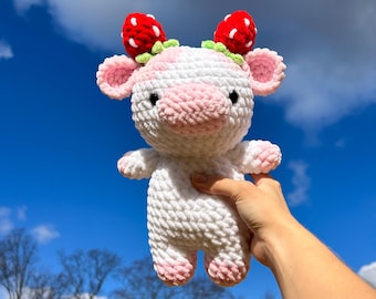 Strawberry Cow Plushie, Pink Crochet Fluffy Cow