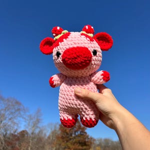 Soft strawberry cow plushie, red and pink crochet plushie, handmade fruit themed stuffed animal