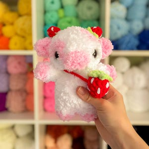 Fuzzy Strawberry Cow Plushie, crochet cow plush, pink and white crochet moo, handmade stuffed animal