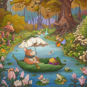 Whimsical Rat on a boat Rat Colony Lilypad Mushroom Forest