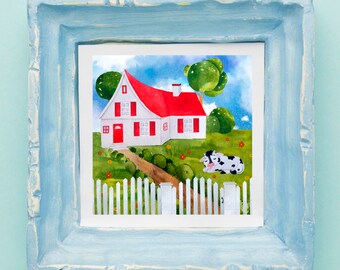 Red Roof Cottage Sleeping Cow Giclee Watercolor Print