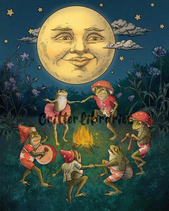 Frogs Dancing Vintage Moon Print