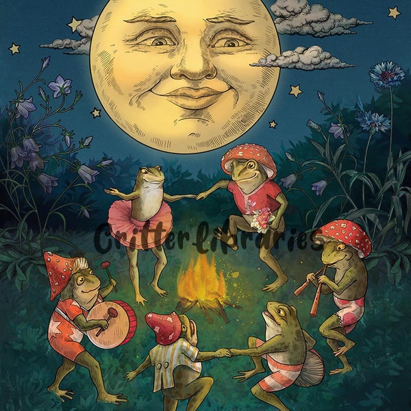 Frogs Dancing Vintage Moon Whimsical Giclee Print Archival Matte Paper