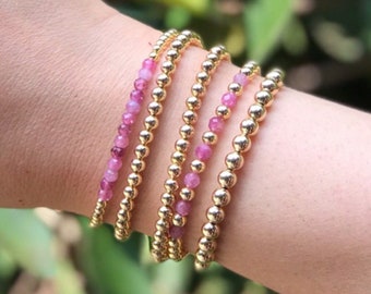 pink tourmaline gemstone & gold bead bracelet  |  4mm 14k gold filled beads |  beaded stretch bracelet