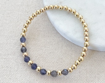 iolite gemstone & gold bead bracelet  |  4mm 14k gold filled beads |  beaded stretch bracelet