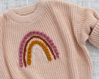 neutral color rainbow sweater for toddlers & kids  |  hand embroidered 100% cotton ribbed sweater