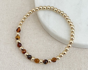 tiger's eye gemstone & gold bead bracelet  |  4mm 14k gold filled beads |  beaded stretch bracelet