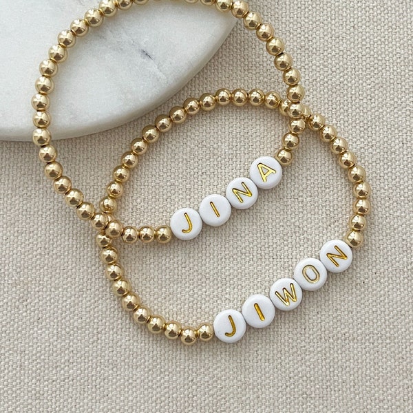 gold personalized name bead bracelet with gold letter beads  |  14k gold filled beaded bracelet customized