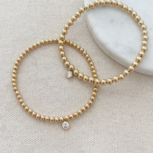 gold bead bracelet with cubic zirconia cz charm, 14k gold filled beaded bracelet, 3mm & 4mm