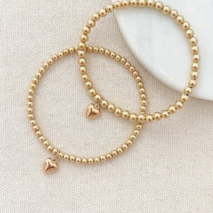 gold bead bracelet with puffy heart charm  |  14k gold filled beaded bracelet  |  3mm & 4mm