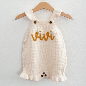 CLEARANCE personalized hand embroidered custom knit romper for babies newborns with ruffle trim