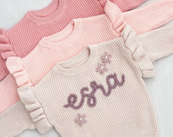 FAST Shipping *HIGH QUALITY* Ruffle sleeve personalized hand embroidered name sweater for babies, toddlers, kids
