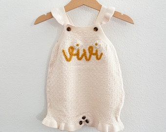 personalized hand embroidered knit romper for babies with ruffle trim