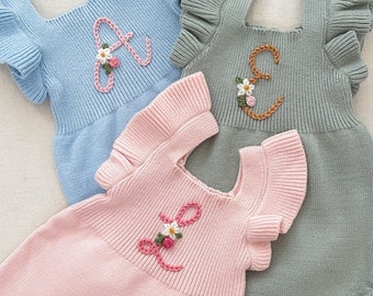 initial monogrammed hand embroidered knit sweater romper for babies toddlers with ruffle trim and optional flower embroidery