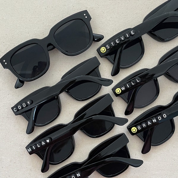 personalized black plastic frame sunglasses for toddlers, kids, boys & girls w/ smiley happy face