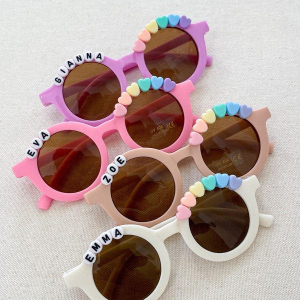 personalized rainbow hearts name sunglasses for babies, toddlers, kids UV400