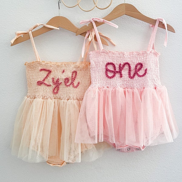 personalized custom hand embroidered name first birthday romper bodysuit dress w/ tutu skirt for babies toddlers with matching bow headband