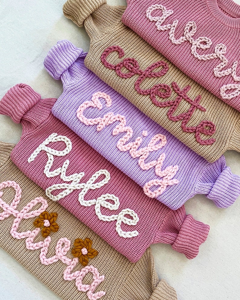 personalized hand embroidered name sweater for babies, toddlers, kids 