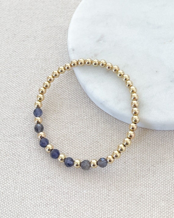 STONE BEAD BRACELET 4 MM W/GOLD BEADS NAVY BLUE STONE BEAD BRACELET 4 MM W/GOLD BEADS NAVY BLUE