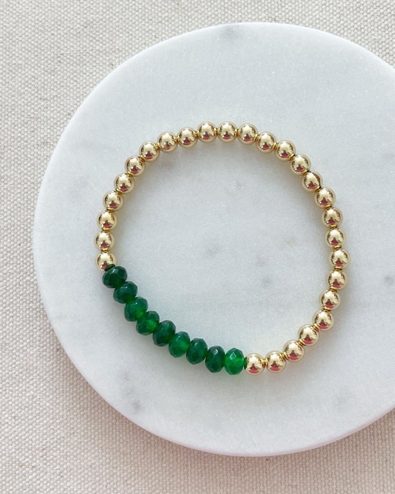 STONE BEAD BRACELET 4 MM W/GOLD BEADS GREEN JADE STONE BEAD BRACELET 4 MM W/GOLD BEADS GREEN JADE
