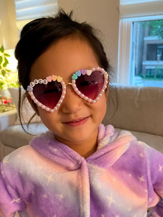 Personalized Pink Heart Sunglasses for Toddlers Kids W Rainbow