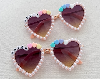 personalized pink heart name sunglasses sunnies for toddlers & kids w/ rainbow hearts and pearls decorated
