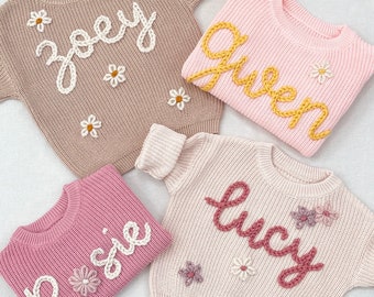 FAST TURNAROUND personalized hand embroidered custom name knit oversized sweater jumper for newborn babies toddlers kids girls boys