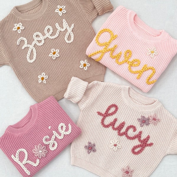 FAST TURNAROUND personalized hand embroidered custom name knit oversized sweater jumper for newborn babies toddlers kids girls boys