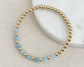 aquamarine gemstone & gold bead bracelet  |  4mm 14k gold filled beads |  beaded stretch bracelet  |  march birthstone