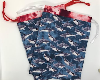 SHARKS Handmade Lined Cotton Draw String Bag Finished Product Gift Bag Project Bag Carry All