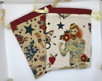 Handmade Tattoo Theme Fabric Lined Cotton Draw String Bag Finished Product Gift Bag Project Bag Carry All Classic Americana Tattoos style