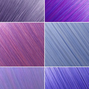 May include: A collage of six close-up images showcasing various shades of purple hair. The colors range from light lavender to deep violet, with visible hair strands creating a textured effect. The images are arranged in a grid pattern.