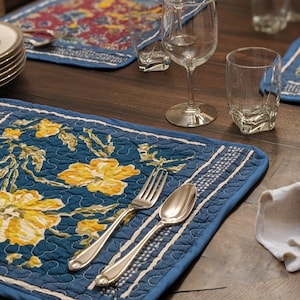 Handcrafted Bohemian Blue Quilted Placemats with Floral Patchwork Design - Premium Cotton Dining Table Mats for Cozy, Stylish - Set of 6