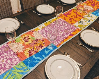 Hand-Made Quilted Tropical Vibes Floral Table Runner, Colorful Vibrant Long Cotton Patchwork Garden Dining Kitchen Island Scarf - 1-Piece