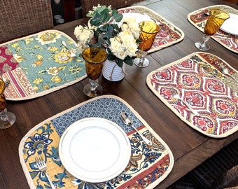 Set of 6-Pieces Bohemian Floral Quilted Dining Table Placemats, Hand-Made Cotton Vibrant Burgundy Patchwork Paisley Garden Botanical Mats