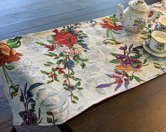 Blue Roses Tropical Paradise Floral Tapestry Dining Table Runner, Lovely Colorful Botanical Garden Kitchen Coffee Bar Mantle Runner Scarf