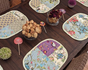Set of 6 Cotton Quilted Placemats: Floral Patchwork Table Mats