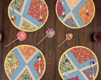 Set of 4-6 Pieces Round Placemats, Wildflower Cottage Garden Diamond Hand-Made Quilted Patchwork Cotton Kitchen Dining Table Mats, 16" Size