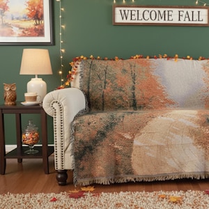Autumn Tapestry Throw Blanket: Orange Fall Leaves, Woven Design Fall Decor (50" x 60")