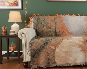 Autumn Tapestry Throw Blanket: Orange Fall Leaves, Woven Design Fall Decor (50" x 60")