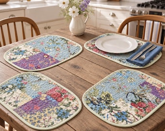 Pastel Floral Quilted Placemats Set of 6, Sage Green Purple Patchwork Cotton Table Mats, Reversible Spring Dining Decor, Bridal Shower Gift