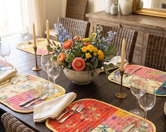 Floral Patchwork Quilted Placemats - Set of 6 Cotton Table Mats