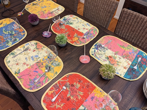 Floral Patchwork Quilted Placemats - Set of 6 Cotton Table Mats