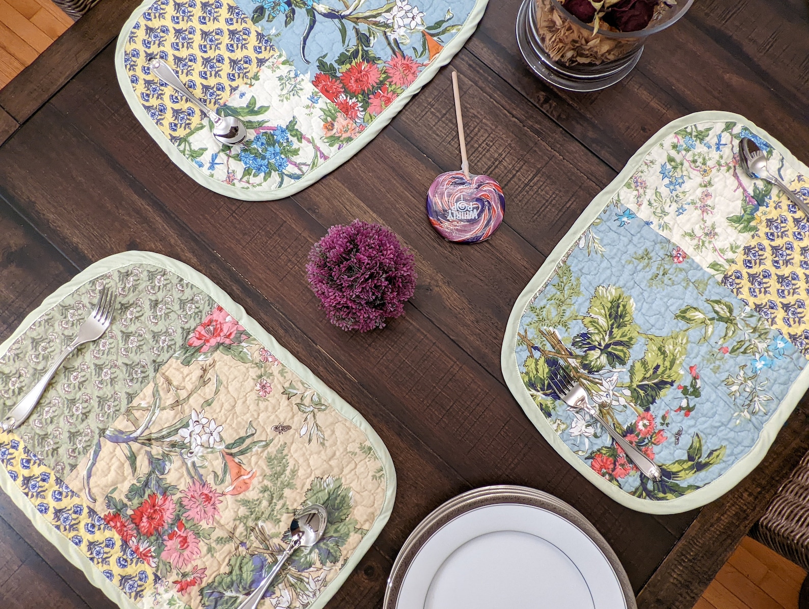 Quilted Cotton Placemats (Set of 4): Pastel Floral Patchwork Table Mats