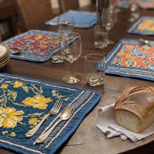 Handcrafted Bohemian Blue Quilted Placemats with Floral Patchwork Design - Premium Cotton Dining Table Mats for Cozy, Stylish - Set of 6