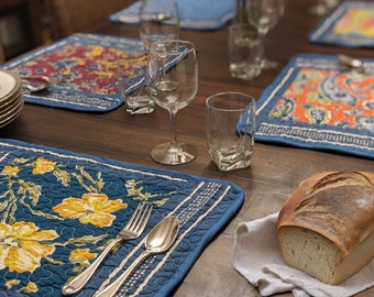 Handcrafted Bohemian Blue Quilted Placemats with Floral Patchwork Design - Premium Cotton Dining Table Mats for Cozy, Stylish - Set of 6