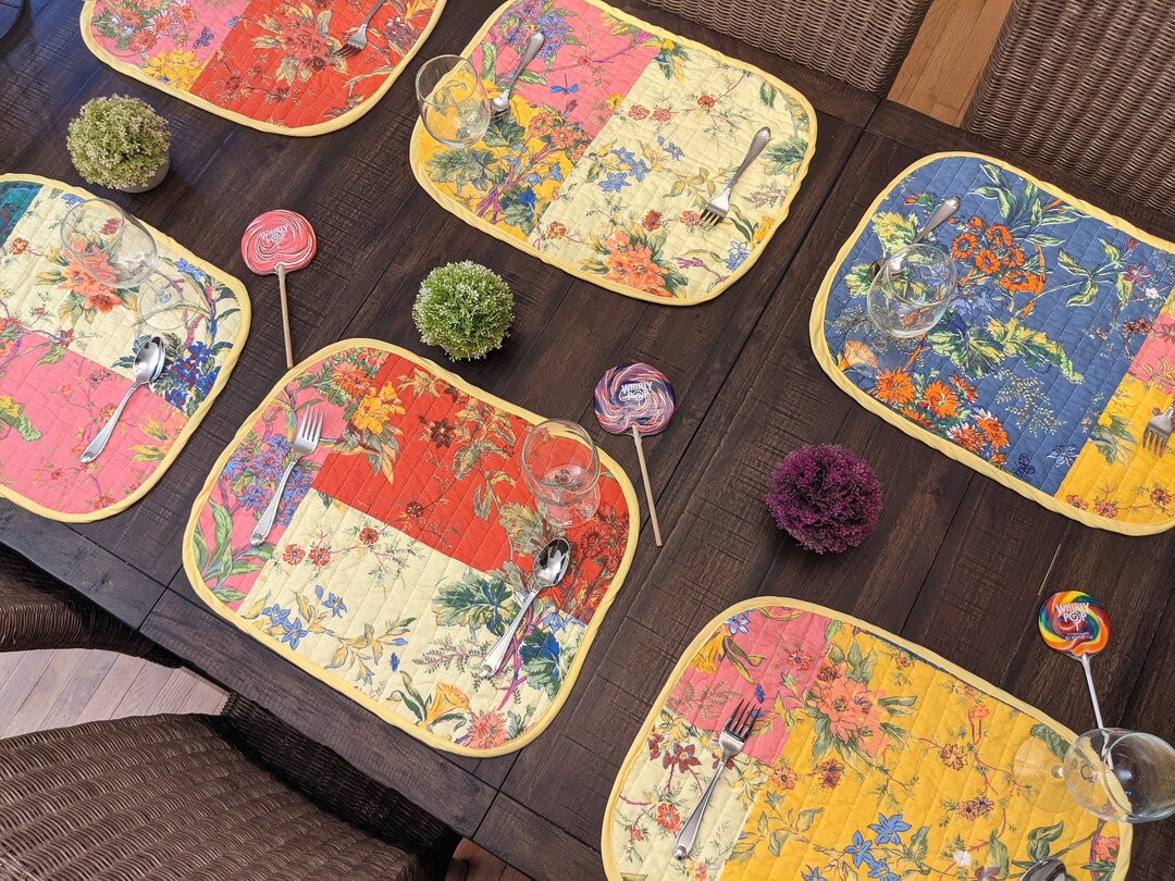 Set of 6pieces Quilted Placemats Handmade Cotton Fairytale Cottage