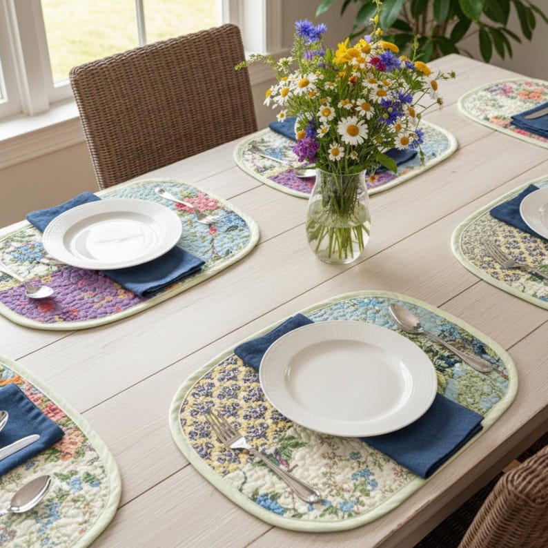 A set of six rectangular placemats with a vibrant, multi-colored floral patchwork design arranged on a wooden dining table.