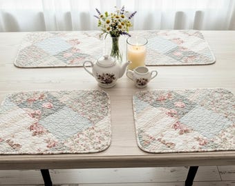Floral Patchwork Quilted Placemat: Shabby Chic Reversible Cotton Table Linen